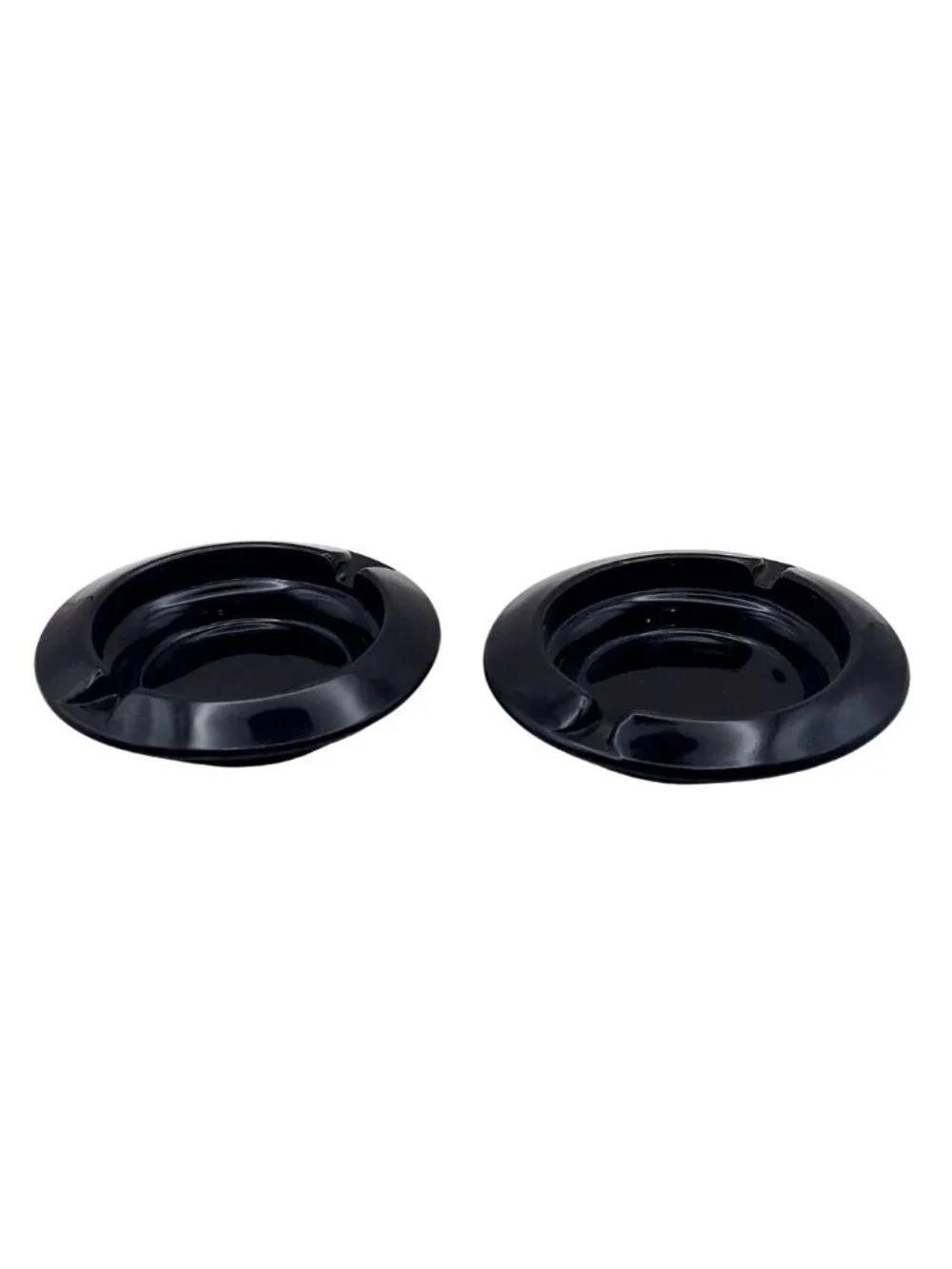 Vintage Round Black Glass Ashtrays Set Of 2 Two-Groove Cigarette Design